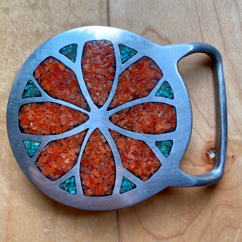 Pewter Mosaic flower belt buckle Coral/Sea foam
